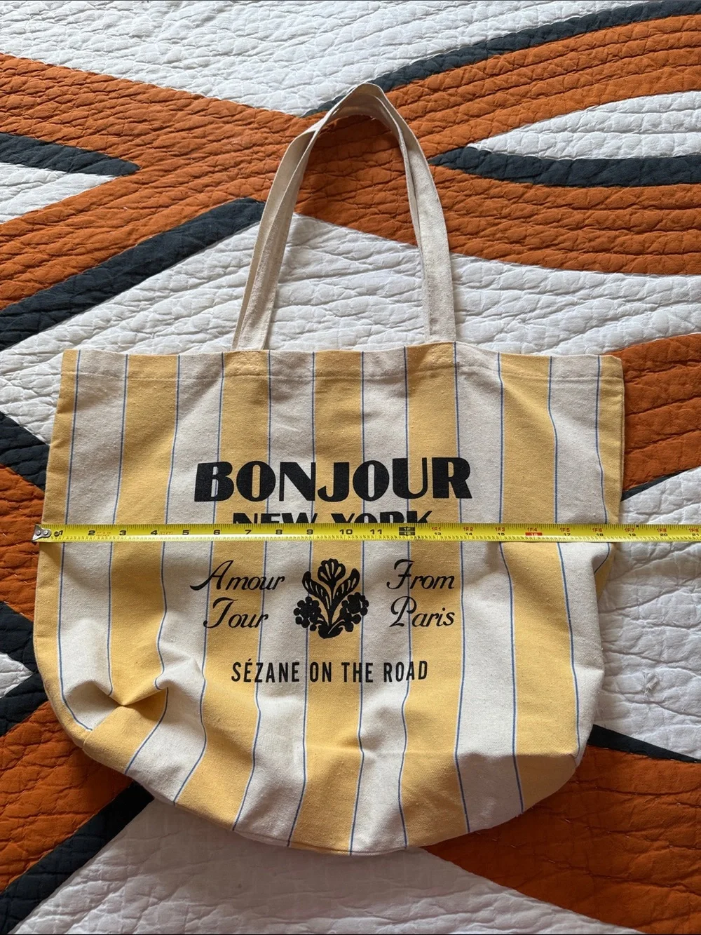 Sezane Yellow and Cream Striped Bonjour New York Canvas Tote